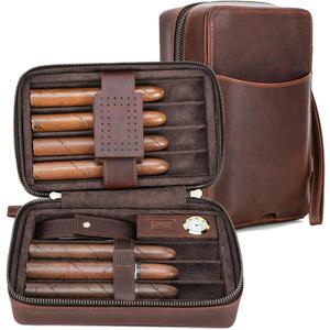 Full Grain Leather Cigar Case Travel Cigar Humidor for 7 Cigars Accessories Organizer Large Capacity Built-In Hygrometer Humidifier
