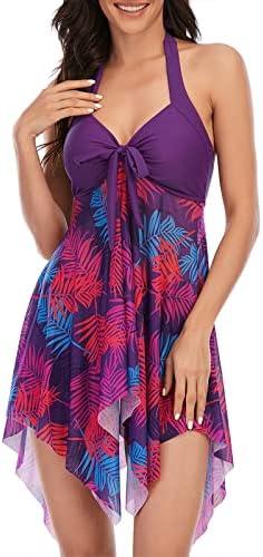 MiYang Womens Tankini Swimdress with Boyshorts Two Piece V Neck Bowknot Halter Bathing Suit Dress M