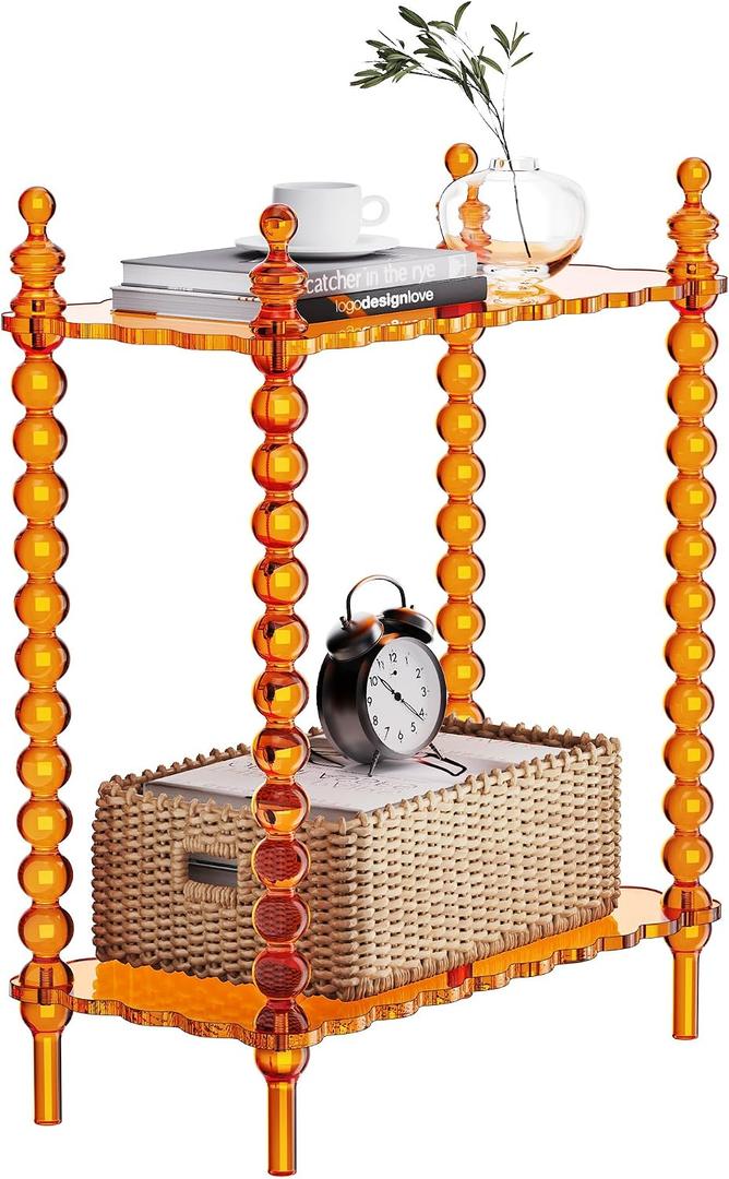 Acrylic Side Table 2-Tier, Clear Nightstand with Storage, Narrow Bedside End Table for Small Spaces (Orange, 20.6"×10.4“×26”)
