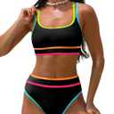 popvil Women's High Waisted Bikini Sets Neon Two Piece 2026 Swimsuit Sporty Adjustable Straps Bathing Suit (Medium, Black1)