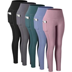 CHRLEISURE Leggings with Pockets for Women, High Waisted Tummy Control Workout Yoga Pants (Large, 5 Packs - Black/Gray/Pink/Blue/Green)