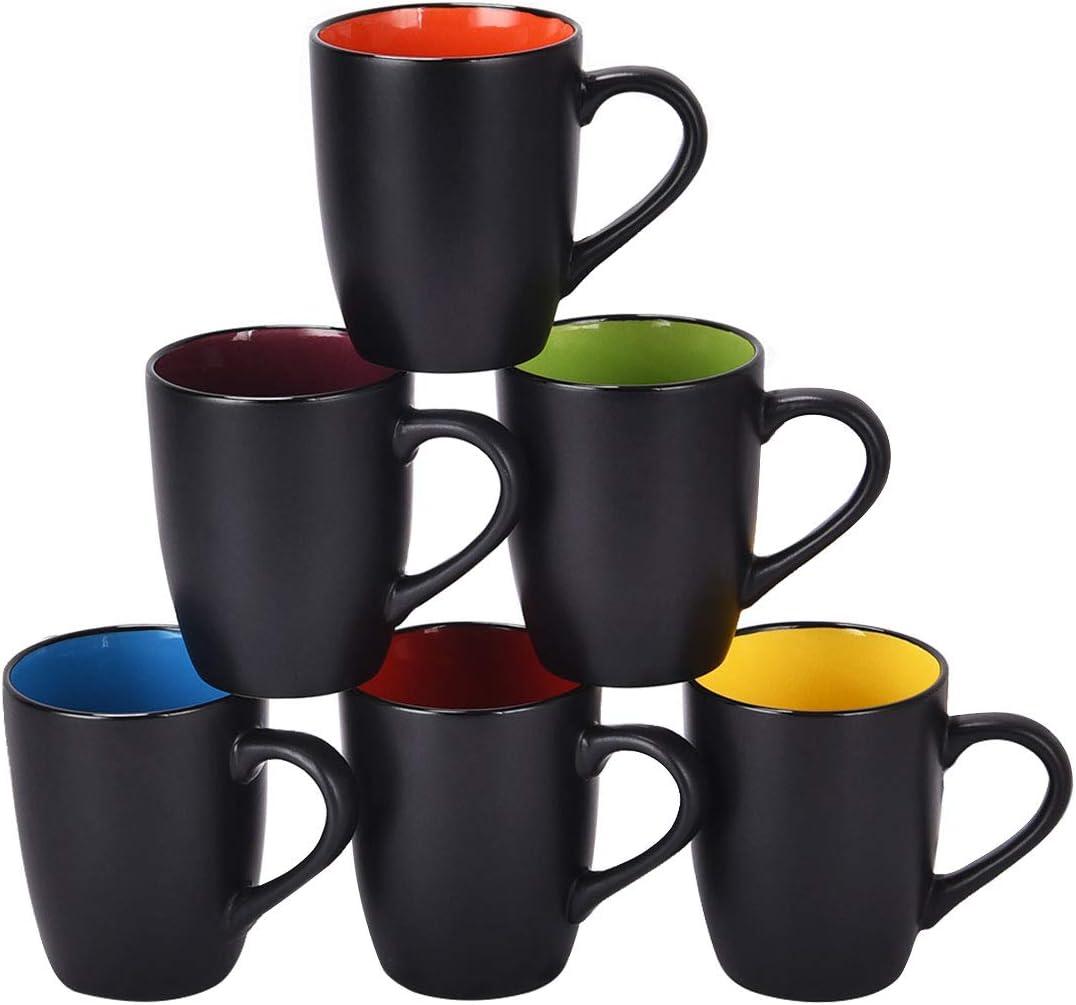 Lifecapido Set of 6 Modern Black Ceramic Coffee Mugs, 16 Ounce Capacity, Perfect for Home Use (1Black Exterior Solid Color Interior)