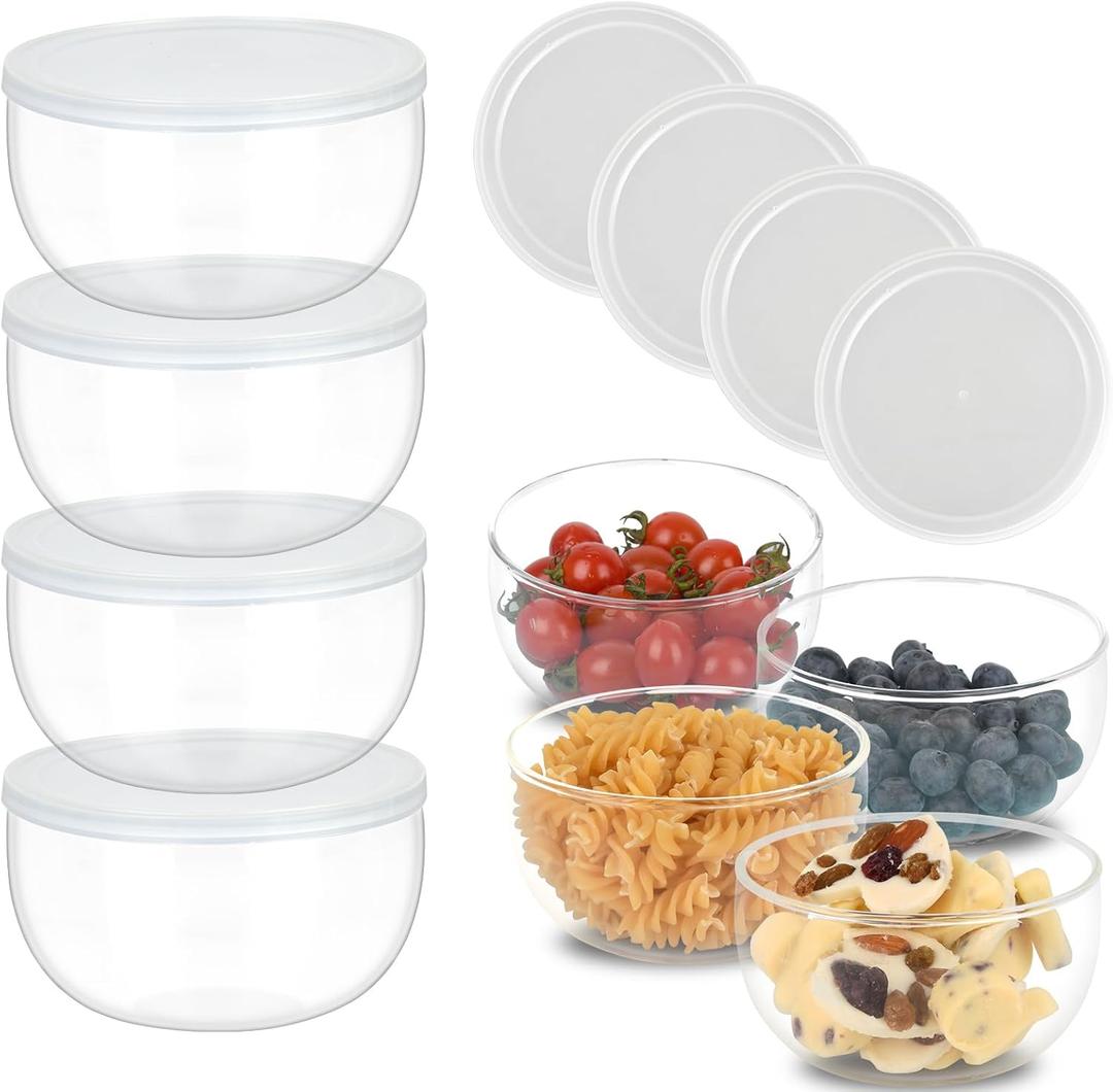 11oz Small Cute Glass Dessert Bowls/Cups with Lid, Glass Bowl for Dessert Snack Rice Side Dishes, Dip Bowl, Perfect for Dessert, Ice Cream, Fruit, Salad, Snack, Condiment, Trifle, Set of 4