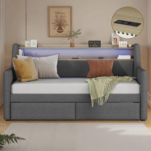 Twin Size Daybed with Storage Drawers and LED Light, Linen Twin Bed Frame with Charging Station and Storage Headboard, Sofa Bed for Living Room Bedroom Guest Room, Wood & Metal Frame (79.5"L x 45.3"W x 36.2"H)