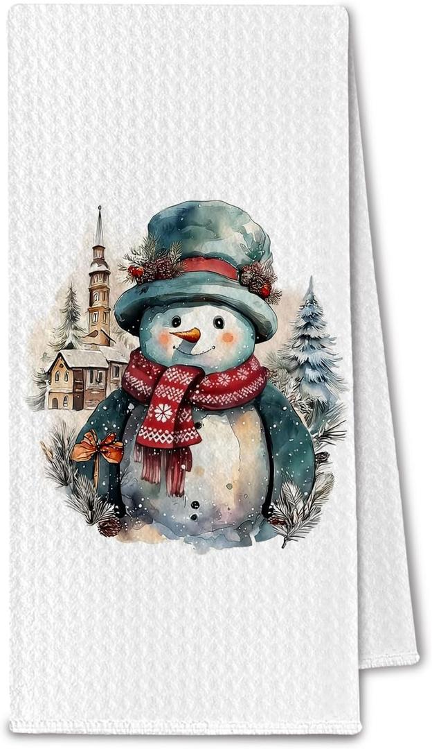 Retro Christmas Snowman Kitchen Towels, Vintage Holiday Xmas Dish Towels Drying Cloth for Kitchen, Winter Christmas Tree Snowman Church Decorative Hand Towel for Bathroom, 16x24 Inch