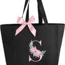 Vavabox Tote Bag, A-Z Initial Monogrammed Waterproof Tote Bag, Bridesmaid Gifts for Women, Black and Pink