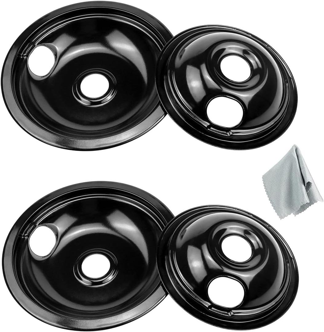 Black Stove Drip Pans Set of 4 Fit for Ken-more, Fri-gidaire Stove, Porcelain Drip Pans Replace 5304430149, 5304430150, 318067041, 318067051 by Fetechmate - Include 2 6-In and 2 8-In Burner Drip Pan