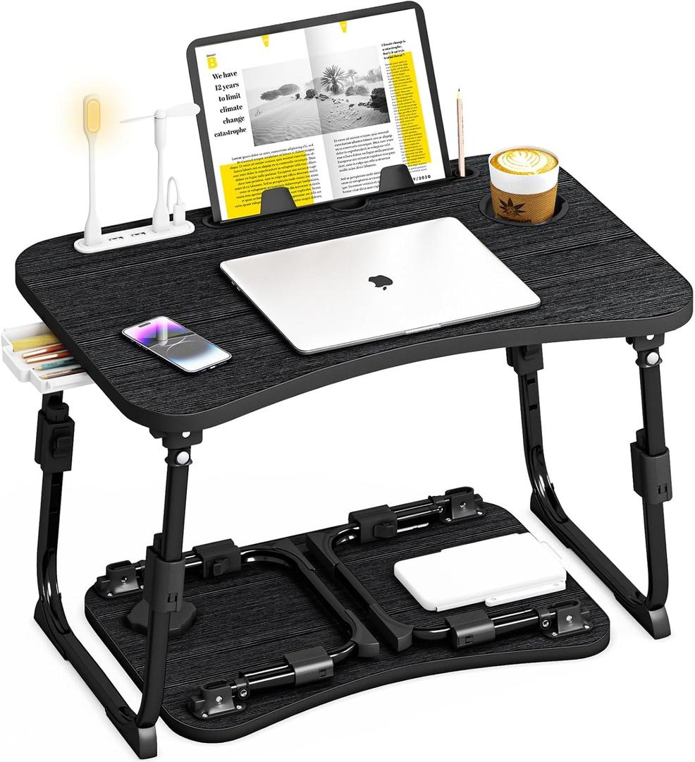 Lap Desk for Bed Adjustable Height, Foldable Bed Table with Storage Drawer, Tablet Slot & Cup Holder, Portable Laptop Stand for Bed & Sofa, Bed Desk for Adults & Kids, Black