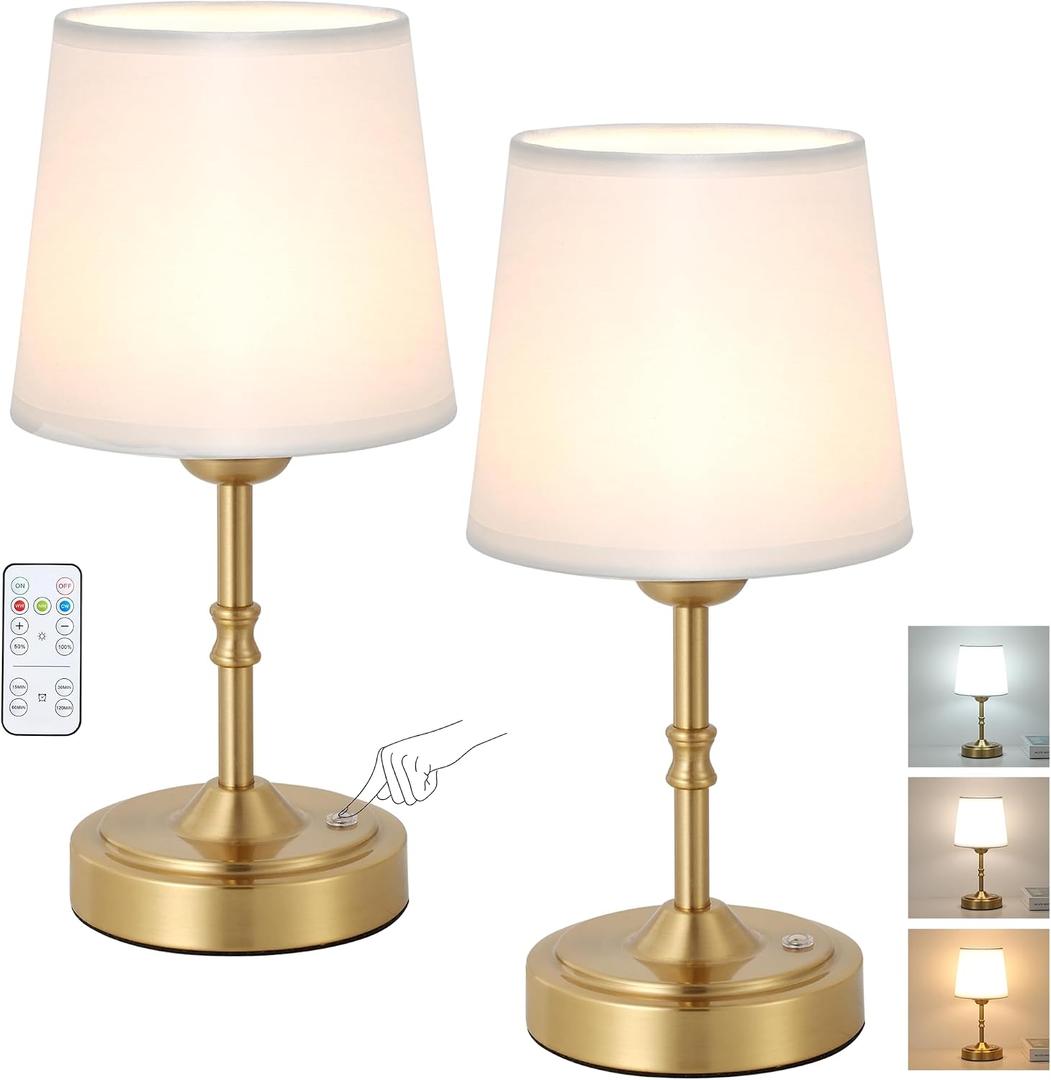 Vintage Gold Cordless Table Lamp with Remote and Touch Control, Wireless Small Led Battery Powered Rechargeable Portable Table Light, Dimmable 3 Color Mini Desk Lamp for Home Patio, 2Pack