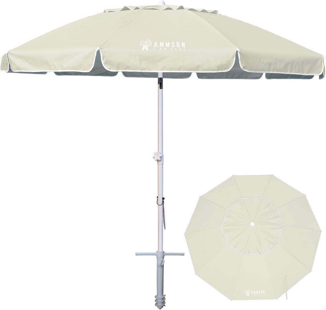 AMMSUN 8 Feet Large Beach Umbrella with Sand Anchor Heavy Duty High Wind Portable Outdoor Umbrellas UV 50+ Protection Air Vent Tilt Patio Garden Pool