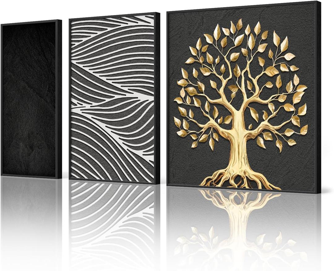 Framed Large Tree Wall Art for Living Room, Set of 3 Piece Black and White Gold Canvas Artwork for Walls, Modern Gold Tree Paintings, Extra Big Size Pictures Prints for Bedroom Hallway Home Office Wall Decor