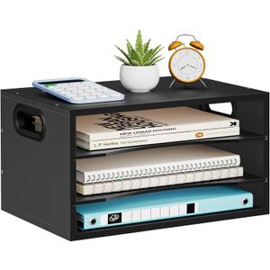 Marbrasse 3-Tier Wood Desk Organizer, Paper Letter Tray Organizer for Desk, Wooden Desktop File Organizer with Handle and Paper Sorter Mail Holder for Office School & Home Supplies Organization-Black