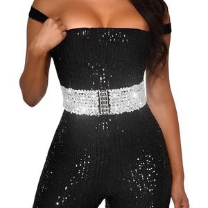 BODIY Women Stretch Wide Waist Belt Sequin Elastic Dress Belts Sparkly Waistband Cinch Belt (Silver)