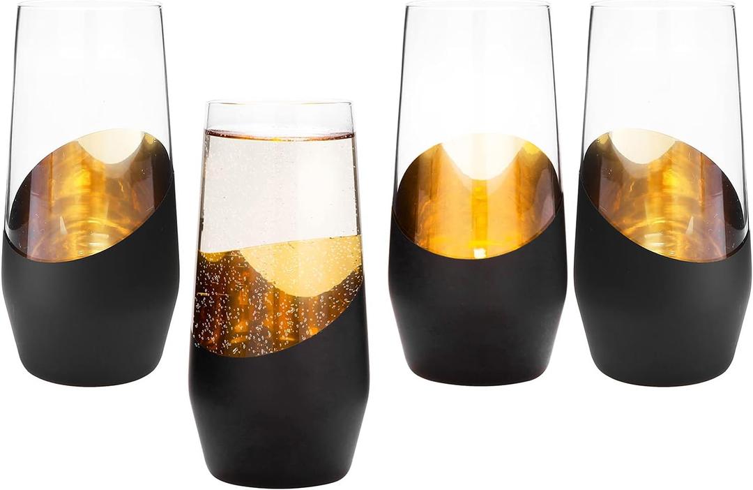 MyGift Set of 4 Black & Gold Stemless Champagne Flutes - 11 oz Wedding Party Glasses, Modern Barware for Sparkling Wine, Cocktails, Christmas Gifts (Elegant Home & Bridal Shower Essentials)