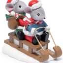 Hodao Christmas Mouse Figurines with Sleigh  Adorable Holiday Decoration Mice in Santa Hats, Festival Christmas Home Decor, Table Centerpiece, Winter Gifts (Blue)