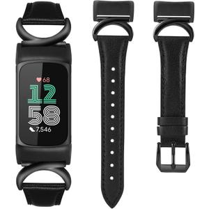 Minyee Leather Bands Compatible with Fitbit Charge 6/Fitbit Charge 5 Band Women, Slim Thin Dressy Premium Leather Strap with C-Shape Metal Buckle for Charge 6/5 Watch Accessories, Black