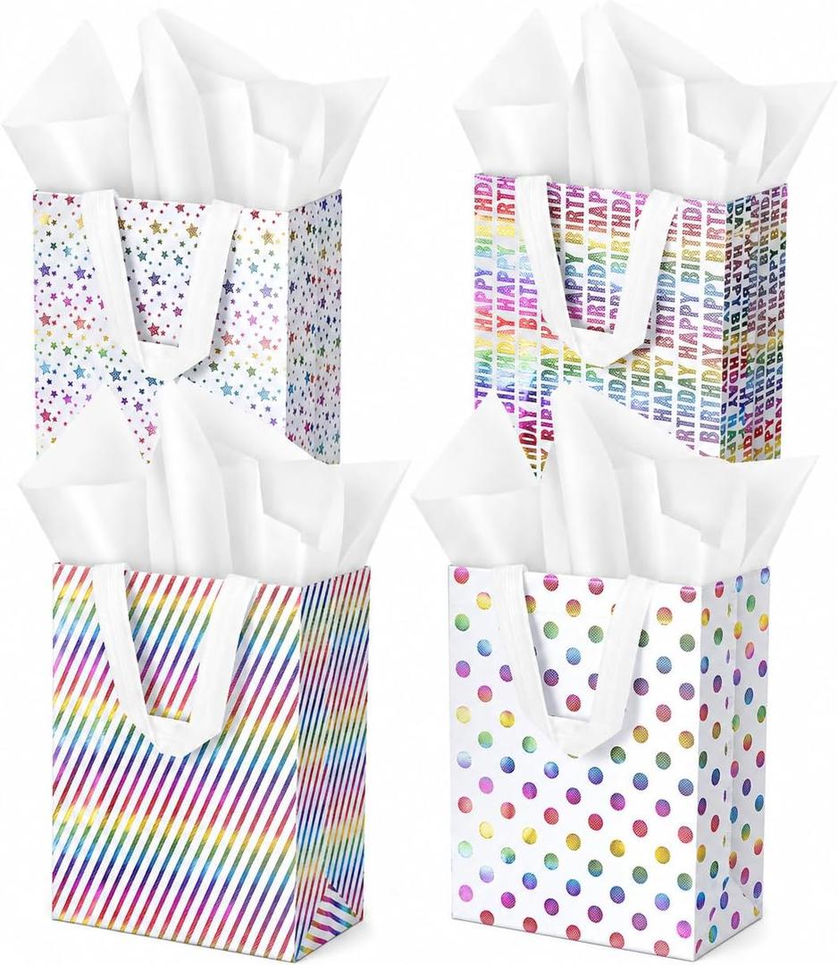 Ranfashiong 4 Pcs 10" Medium Size Birthday Gift Bag with Tissue Paper, Reusable Non Woven Totes Bags with Handle for Boys, Girls, Baby Shower Party Supplies