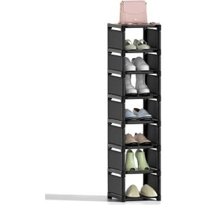Narrow Shoe Rack 8 Tier, Slim Vertical Shoe Organizer for Small Spaces, Stackable Shoe Storage Shelf with Metal Frame & Fabric Shelves, Shoe Rack for Closet Entryway Bedroom