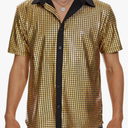 Mens Button Down Disco Shirt Outfit Men Retro 70s Shirts for Men Sequin Metallic Short Sleeve Disco Outfits Party Costume Top, S