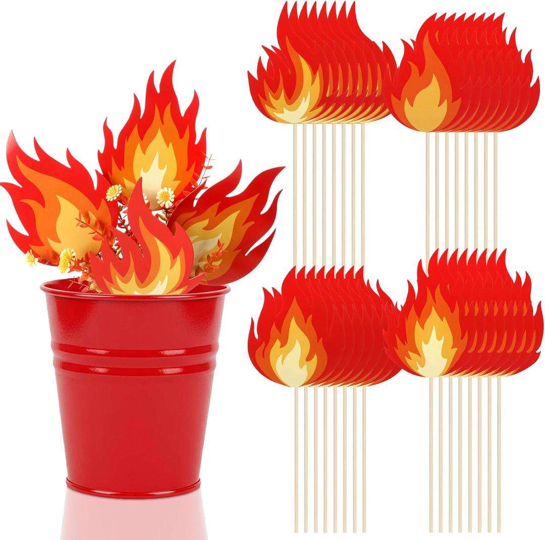 Yungyan 48 Pcs Firefighters Birthday Party Decoration Fire Trucks Playing Party Supplies Fire Flame Picks Sticks Cardboard Cutouts Accessories Flame Decoration Vase Filler Centerpiece for Table
