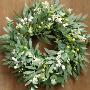Door Wreath Green Eucalyptus for Front Door Wreaths Spring Summer Olive Wreath Artificial Leaves Mixed Berry Wreaths for All Season Home Farmhouse Porch Year Round Outdoor Wall Decorating,18-20 Inch