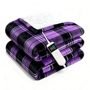Electric Blanket Heated Throw, Soft Flannel 50"x60" Plaid Heating Blanket with 8 Hours Auto Off 10 Fast Heating Levels Machine Washable Sherpa Heated Blanket with Overheating Protection
