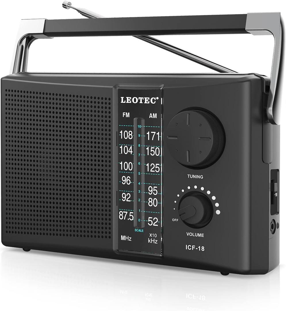 LEOTEC Portable AM FM Radio with Best Reception, Battery Operated or AC Power, Big Speaker, Large Tuning Knob, Clear Dial, Earphone Jack for Gift, Elder, Home