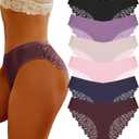 FINETOO 4 Pack Sexy Underwear for Women Silky Seamless No Show Panties Ladies Lace Bikini Lightweight Cheeky Hipster (Large, Black & Grape Purple & Dark Blue & Purple & Khaki & Pink)