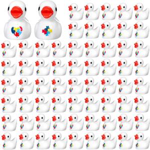 100 Pcs Autism Awareness Mini Resin Ducks Tiny Puzzle Duck Figurines Miniature Landscape Garden Accessories for Autism Awareness People Party Decorations (Heart)