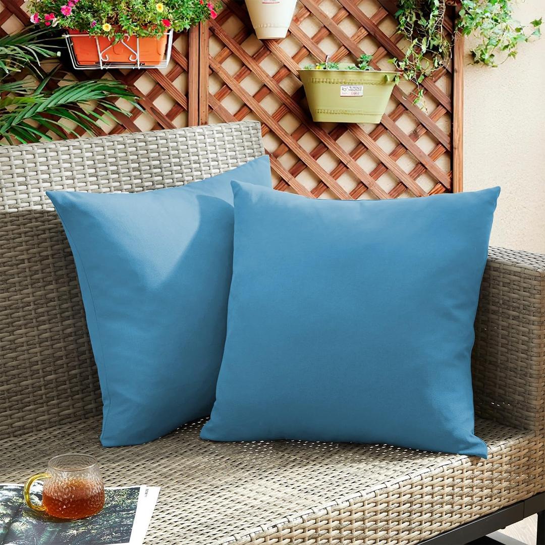 puredown Outdoor Waterproof Throw Pillows, 18 x 18 Inch Feathers and Down Filled Decorative Square Pillows for Garden Patio Bench, Pack of 2, Blue