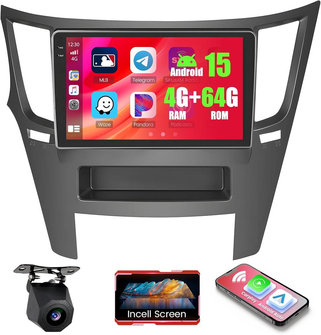 4+64GB Android 15 Car Radio for Subaru Legacy Outback 2010-2016 Wireless Carplay Android Auto, 9" 1280 * 720P in-Cell Touch Screen Car Stereo WiFi Bluetooth GPS FM/RDS EQ Backup Camera MIC