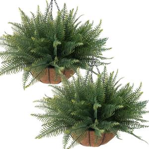 Fake Ferns Hanging Baskets,2PCS Artificial Hanging Plants Outdoor, 2 Hanging Planters with 24 Pcs Fake Ferns for Indoor Outside Decorations for Front Porch Garden Balcony Patio Home Decor (2, Green)