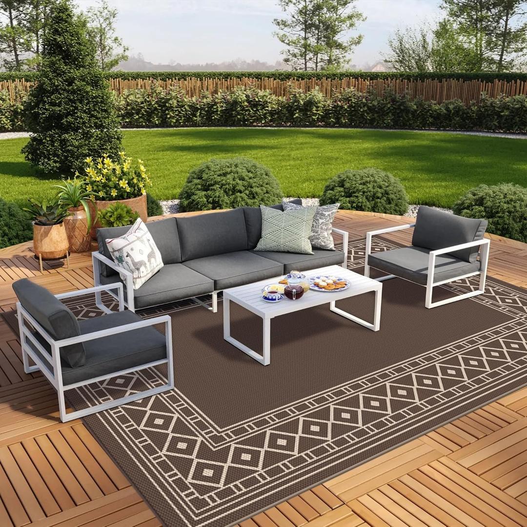 GENIMO Outdoor Rug Waterproof for Patio, 10'x14' Foldable Reversible Plastic Straw Carpet for Travel Trailers, Outside Area Mat for Rv, Deck, Picnic, Porch, Camper, Balcony, Beach, Coffee & Beige