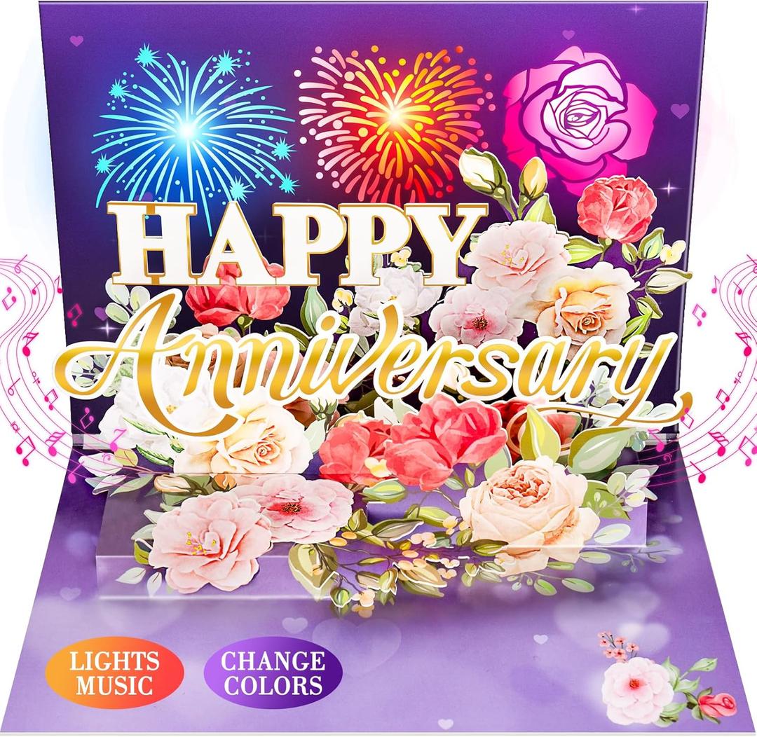 Anniversary Card, Music & Light Pop up Valentine's Card with Fireworks Flowers Gifts for Him Her Husband Wife Couple (Purple)