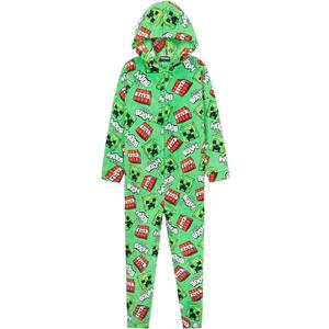 Minecraft Boys Fleece One-Piece Pajamas, Hooded Loungewear - Gift For Gamers (Green/ Multi, 13-14 Years)