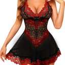 RSLOVE Babydoll Lingerie for Women Lace Chemise Sexy Nightgown Sleepwear Dress (Small, Black&red)