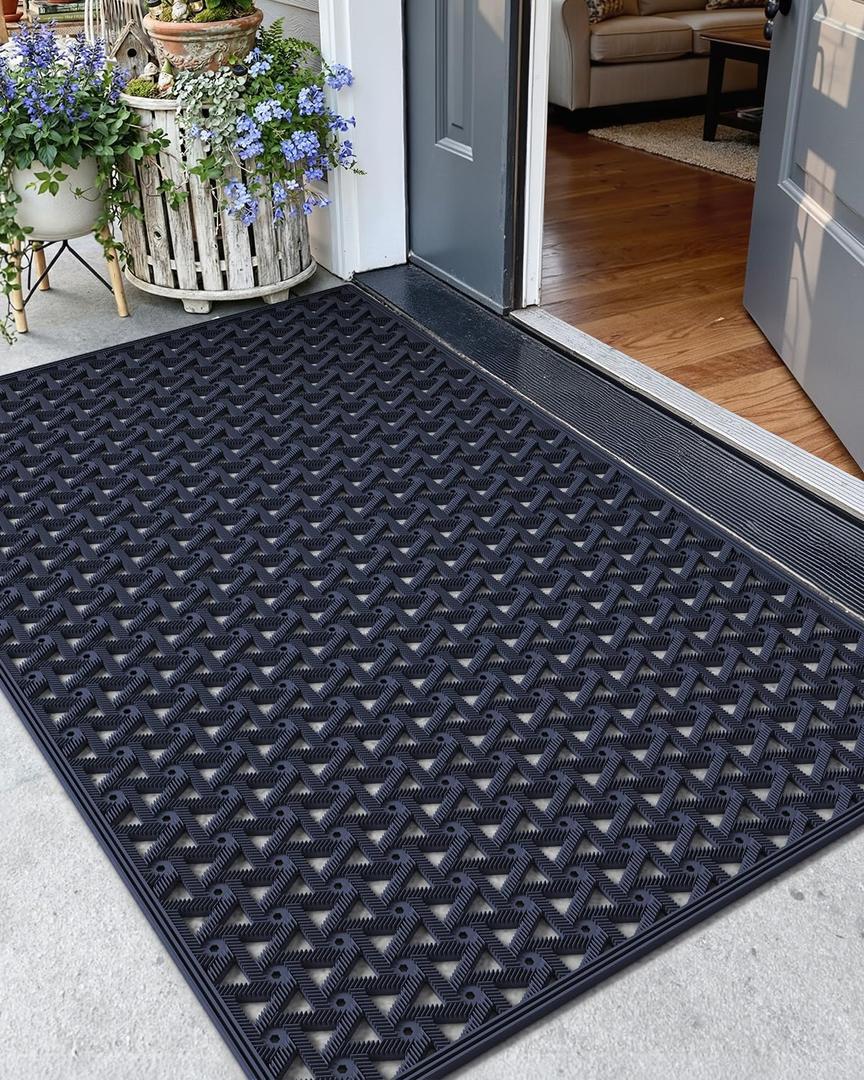 Color&Geometry Door Mat Outside Entrance with Drainage, Rubber Heavy Duty Dirt Trapper Waterproof Outdoor Welcome Mat, Outdoor Mats All Weather for Front Back Door Patio Entryway Entry, 32"X48" Blue