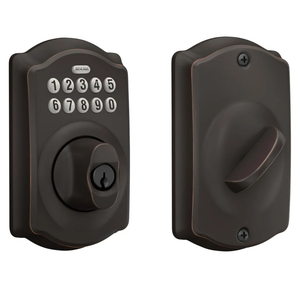 Schlage Camelot Electronic Keypad Deadbolt Lock, Keyless Front Door Entry, Mechanical Key Backup Included, Aged Bronze, BE365 V CAM 716