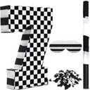 Lewtemi Race Car Number Piñata Small Checkered Race Car Birthday Party Decoration Black and White Racing Piñata with Stick Confetti Eye Mask for Celebration 15.3 x 10.6 x 2.8 Inch (Number 7)
