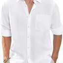 J.VER Men's Linen Shirts Casual Button Down Long Sleeve Shirt Solid Spread Collar Summer Beach Shirts with Pocket (White, 4XL)