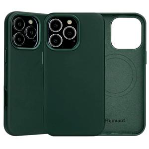 Rumwot Genuine Leather Case for iPhone 16 Pro Green, Slim Fit Magnetic Phone Protective Cover Compatible with Magsafe - Full Grain Leather - Metal Buttons Camera Bezel - Drop & Scratch Resistant