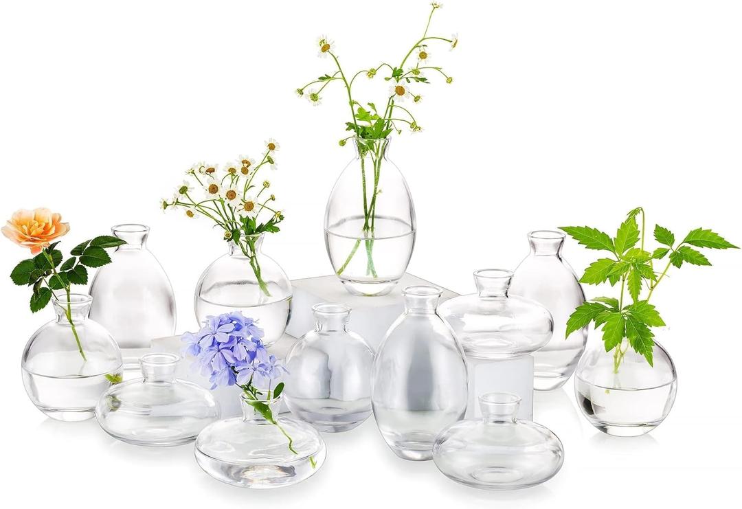 Glass Bud Vase for Centerpieces: 12Pcs Glasseam Clear Mini Small Vases for Flowers Bulk Flower Vase Set Aesthetic Cute Handmade Tiny Short Wedding Table Centerpiece Decor
