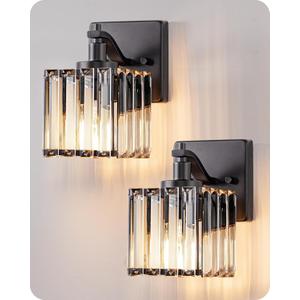 EDISHINE Bathroom Light Fixtures, Modern Wall Sconces Set of Two, Crystal Bathroom Vanity Llight, Indoor Lighting Fixtures Over Mirror, Black Wall Lamp for Bedroom