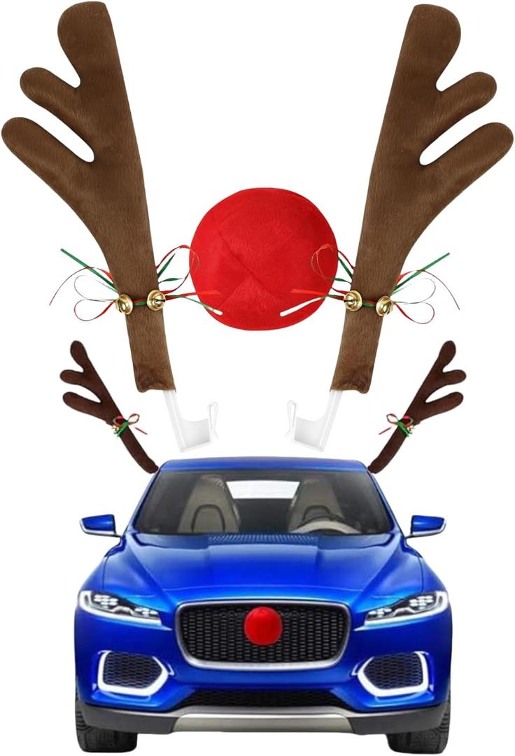 Car Christmas Decoration, Car Reindeer Antlers and Nose Set, Brown Christmas Reindeer Car Costume Christmas Antlers for Truck SUV Car Decor,Xmas Gift Set