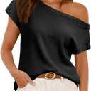 Saodimallsu Womens Off One Shoulder Sweater Tops Summer Short Sleeve Casual Loose Knit Trendy Going Out Tops (Large, Black)