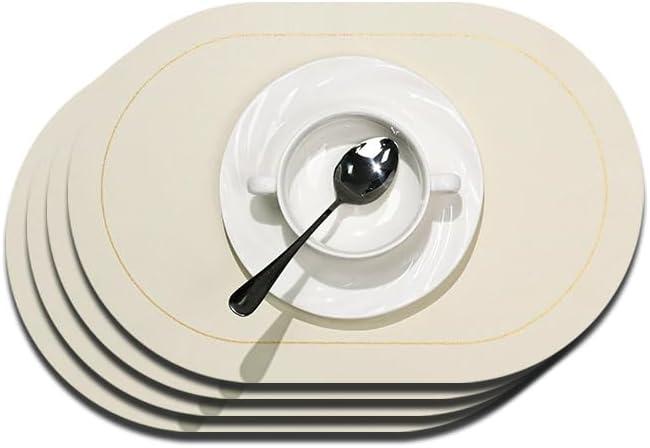 Beige and Green Oval placemats, Set of 4 wipeable and Heat Resistant mats for Indoor use, Perfect for Coffee Tables, Family Dining, or as a Christmas Table Decoration