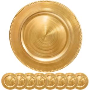 Gold Charger Plates 10PCS,13inch Round Beaded Plastic Charger Plates,Plate Chargers Bulk for wedding,Dinner,Party,Decoration(Gold 10), 1313