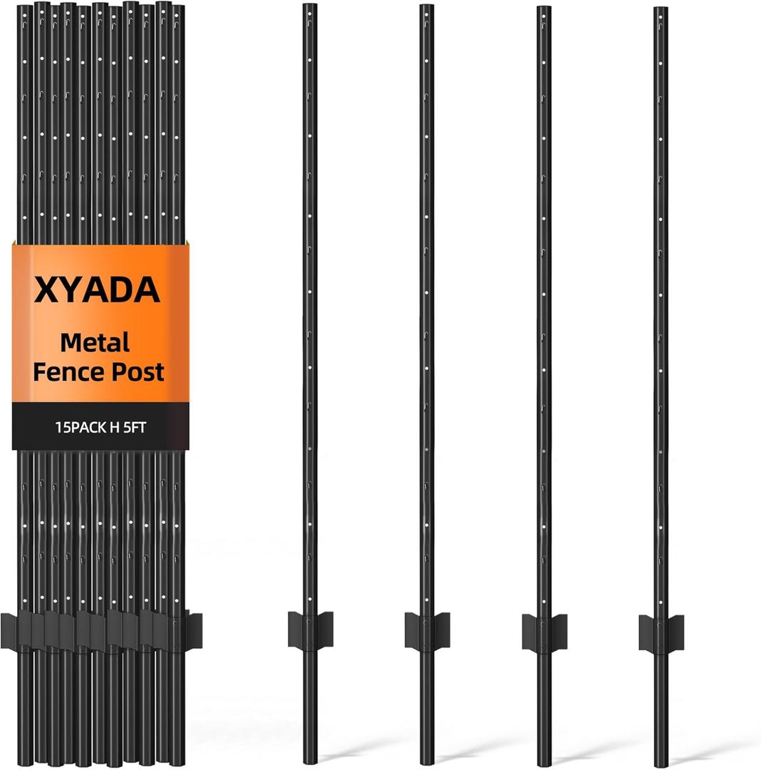 Metal Fence Post 5feet, Heavy Duty Garden Fence Post for Holding Wire Fence, Sign U Post Pack of 15 Sturdy Outdoor No Dig Fence Post for Garden Yard  Black