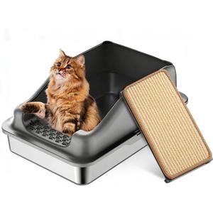 Stainless Steel Cat Litter Box with Natural Sisal Cat Scratching Mat Non-Sticky,Anti-Leakage,Easy Cleaning
