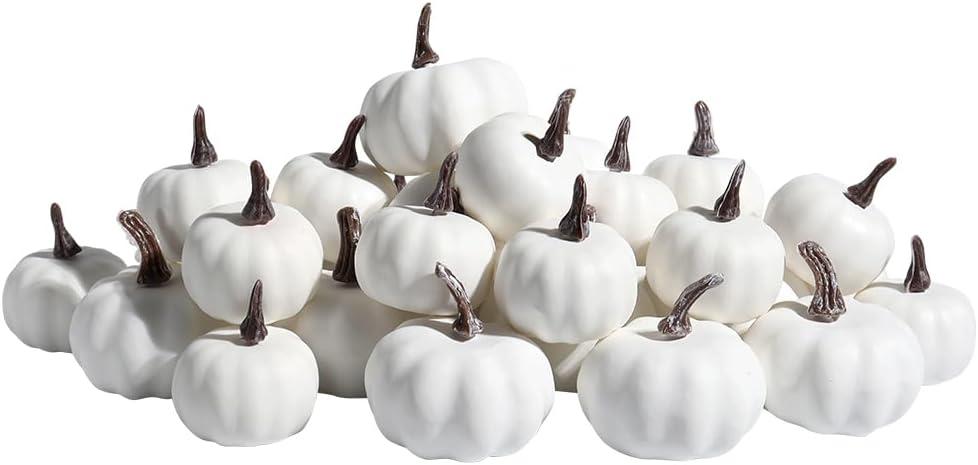 vensovo Mini White Plastic Pumpkins Assorted Sizes - 30pcs Assorted Small Artificial Foam Pumpkins Decor Great for Vase Filler Table Display Thanksgiving Centerpieces and Fall Halloween Decor